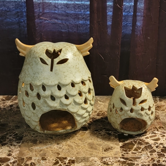 Set of Two Ceramic Owl Mom and Baby Candle Holders Decor - Picture 2 of 2